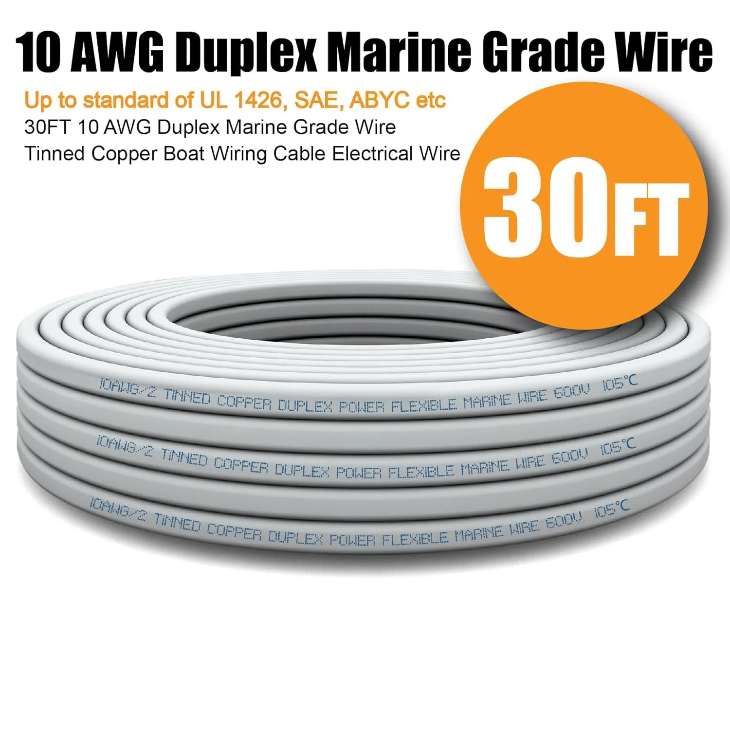10 Gauge Marine Wire Duplex,10AWG Duplex Marine Grade 10/2 Wire OFC Oxygen Tinned Copper Wiring Cable Included Crimp connectors,for Marine,Automotive,Trailer,Lighting-30FT