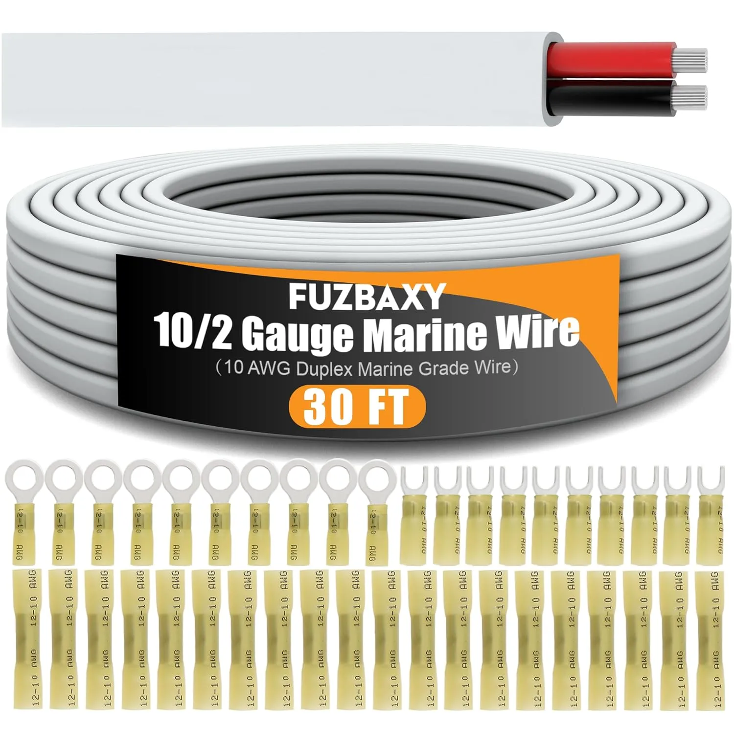 10 Gauge Marine Wire Duplex,10AWG Duplex Marine Grade 10/2 Wire OFC Oxygen Tinned Copper Wiring Cable Included Crimp connectors,for Marine,Automotive,Trailer,Lighting-30FT