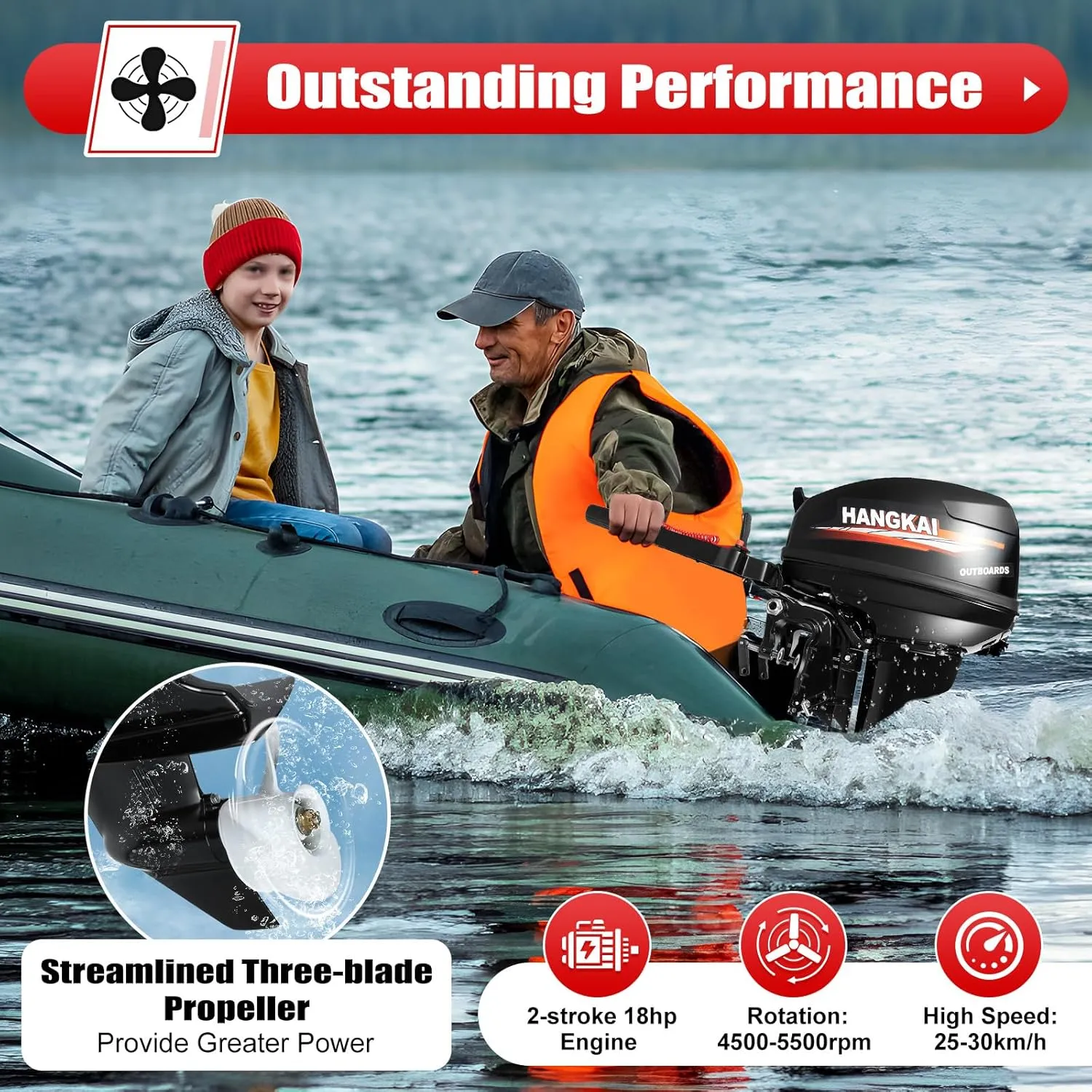 2 Stroke 18HP Outboard Motor Gas-Powered Water Cooling Boat Engine Long Shaft Tiller Control 246CC Heavy Duty Fishing Boat Kayak Engine Outboard Motors Boat Engine Motor