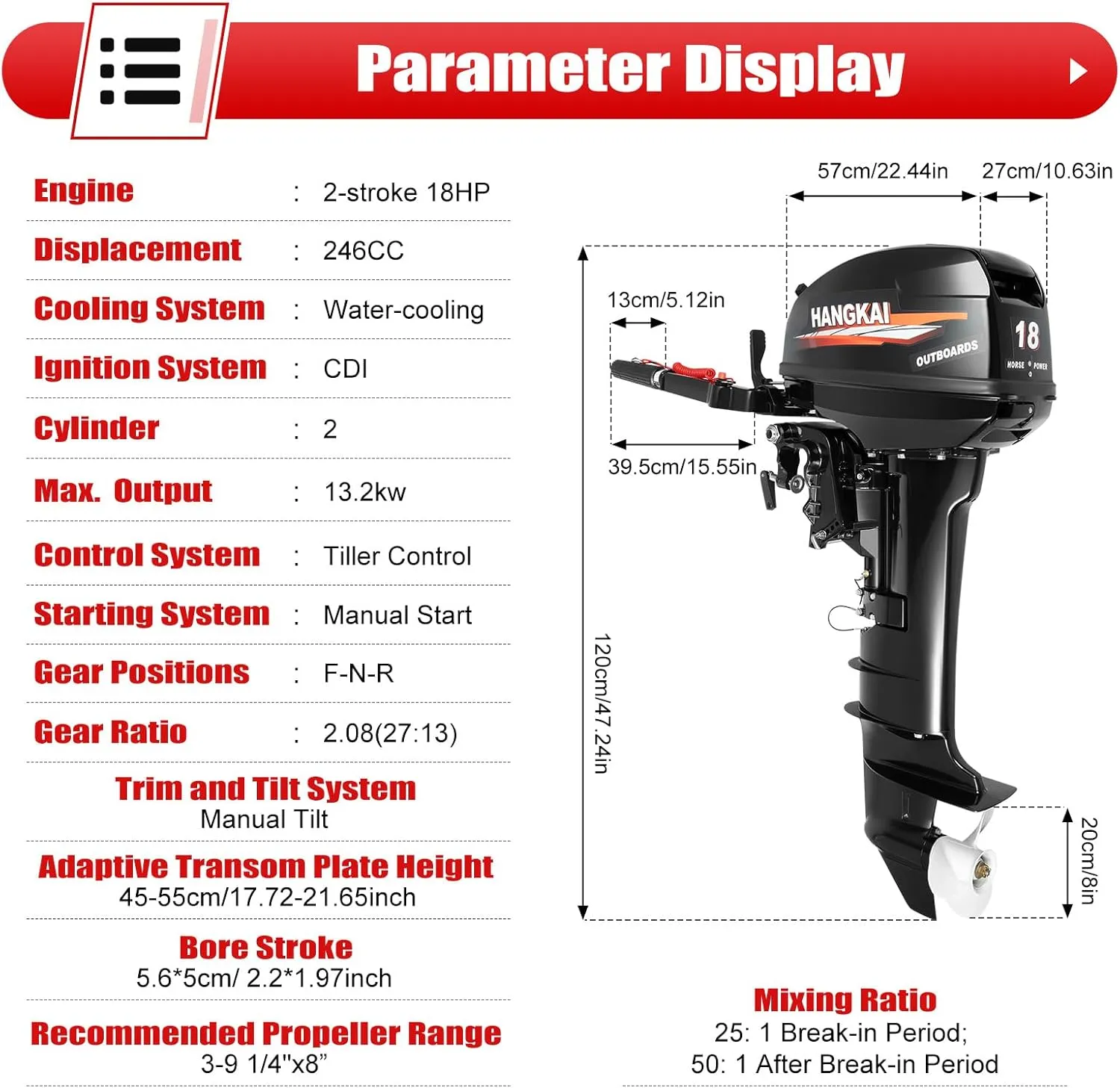 2 Stroke 18HP Outboard Motor Gas-Powered Water Cooling Boat Engine Long Shaft Tiller Control 246CC Heavy Duty Fishing Boat Kayak Engine Outboard Motors Boat Engine Motor