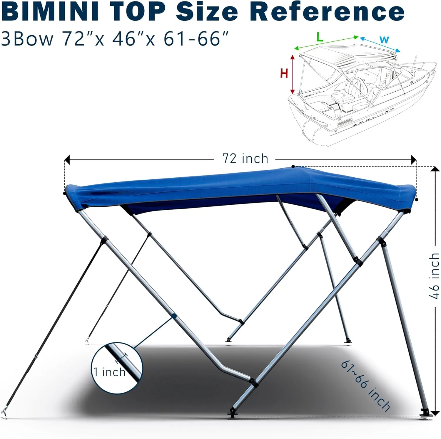 3 Bow / 4 Bow Bimini Top for Boat, 900D Sun Shade Boat Canopy Waterproof with Adjustable Nylon Straps, Rear Support Poles and Storage Boot, 1 Inch Aluminum Frame