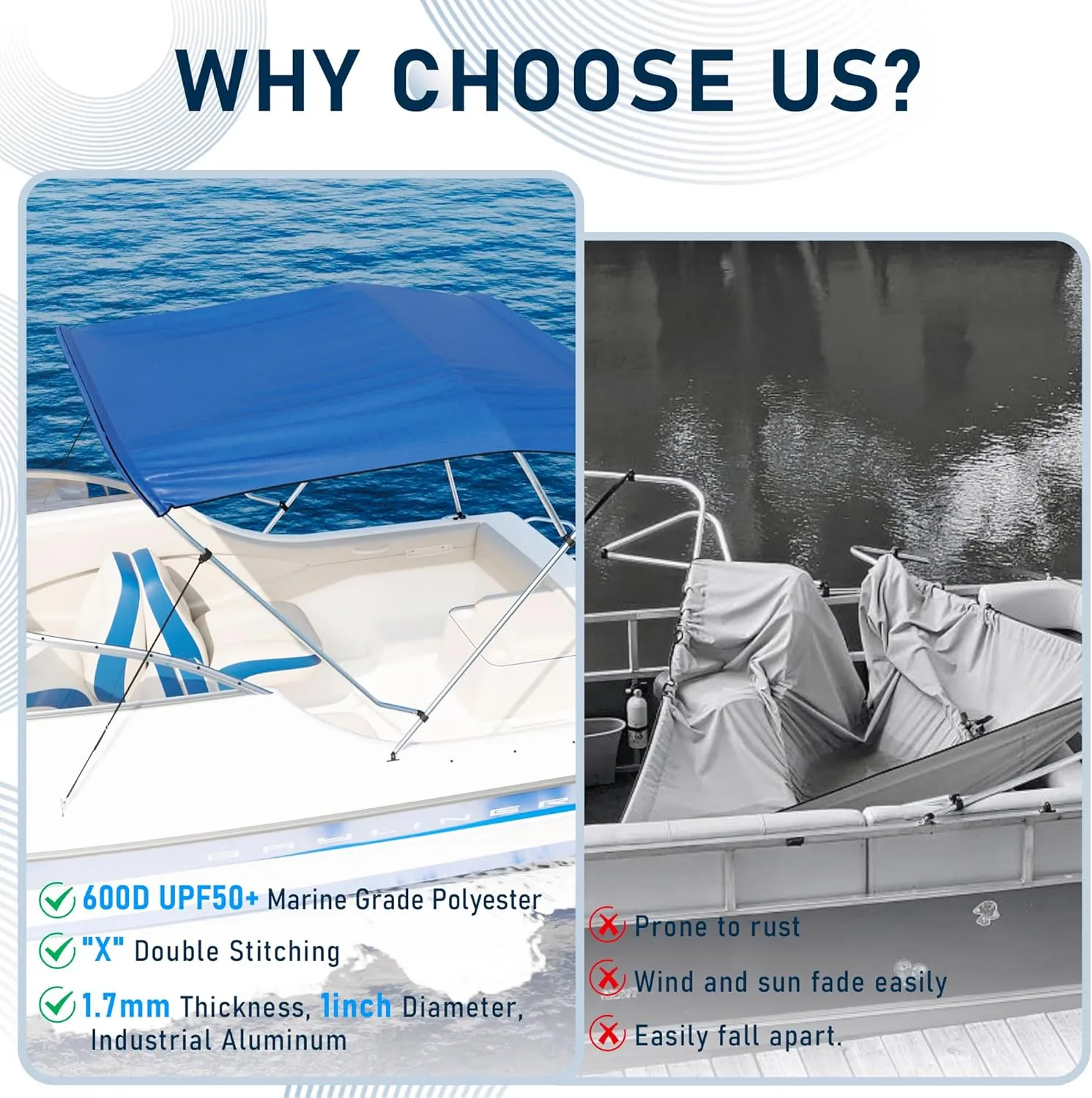 3 Bow / 4 Bow Bimini Top for Boat, 900D Sun Shade Boat Canopy Waterproof with Adjustable Nylon Straps, Rear Support Poles and Storage Boot, 1 Inch Aluminum Frame