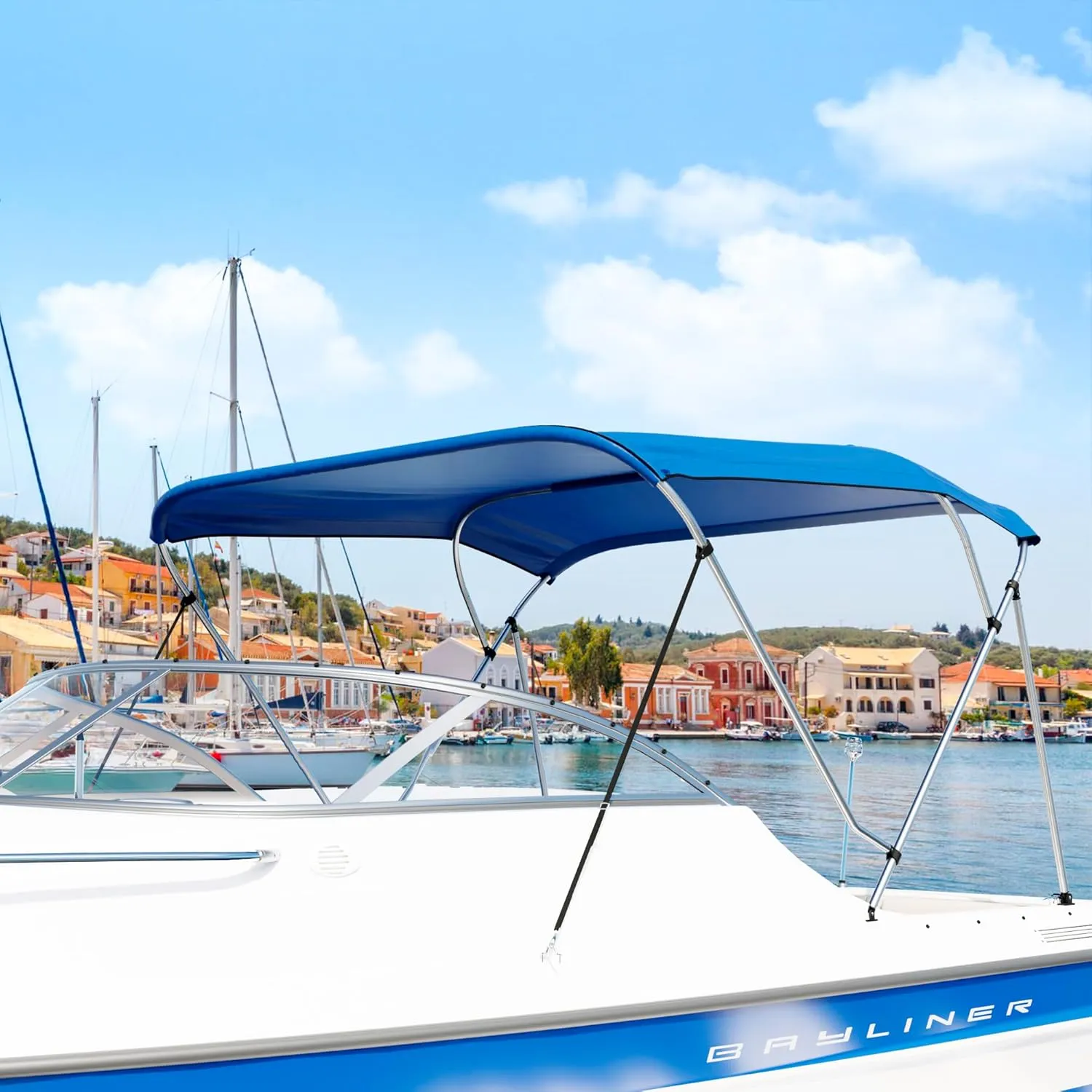 3 Bow / 4 Bow Bimini Top for Boat, 900D Sun Shade Boat Canopy Waterproof with Adjustable Nylon Straps, Rear Support Poles and Storage Boot, 1 Inch Aluminum Frame