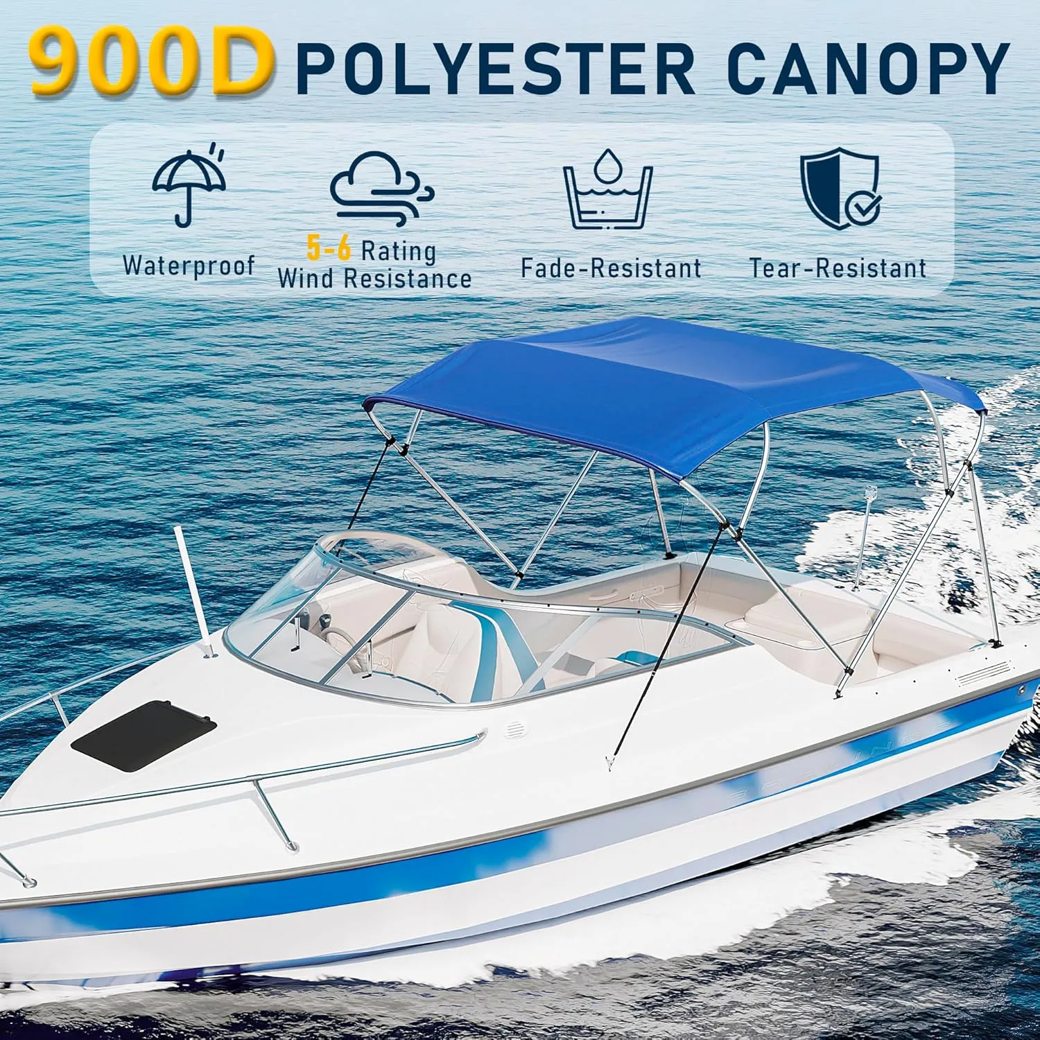 3 Bow / 4 Bow Bimini Top for Boat, 900D Sun Shade Boat Canopy Waterproof with Adjustable Nylon Straps, Rear Support Poles and Storage Boot, 1 Inch Aluminum Frame