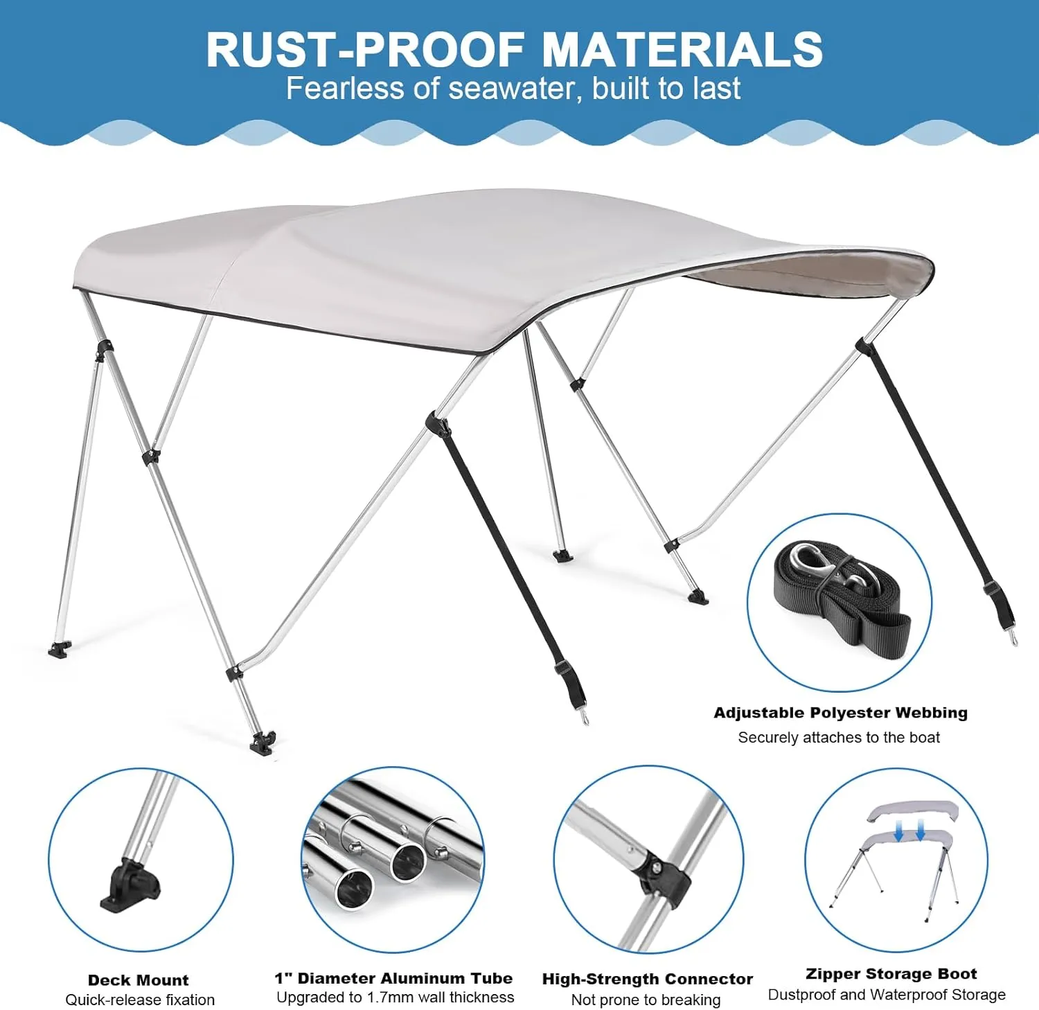 3 Bow Bimini Top Cover for Boat, 900D Canvas Boat Canopy - 6'L x 46" H x 67"-72" W, Includes 4 Adjustable Nylon Straps 2 Rear Support Bars Mounting Hardware Storage Cover 1" Aluminum Frame - Gray