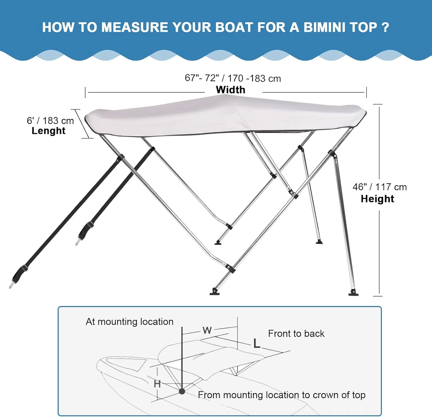 3 Bow Bimini Top Cover for Boat, 900D Canvas Boat Canopy - 6'L x 46" H x 67"-72" W, Includes 4 Adjustable Nylon Straps 2 Rear Support Bars Mounting Hardware Storage Cover 1" Aluminum Frame - Gray