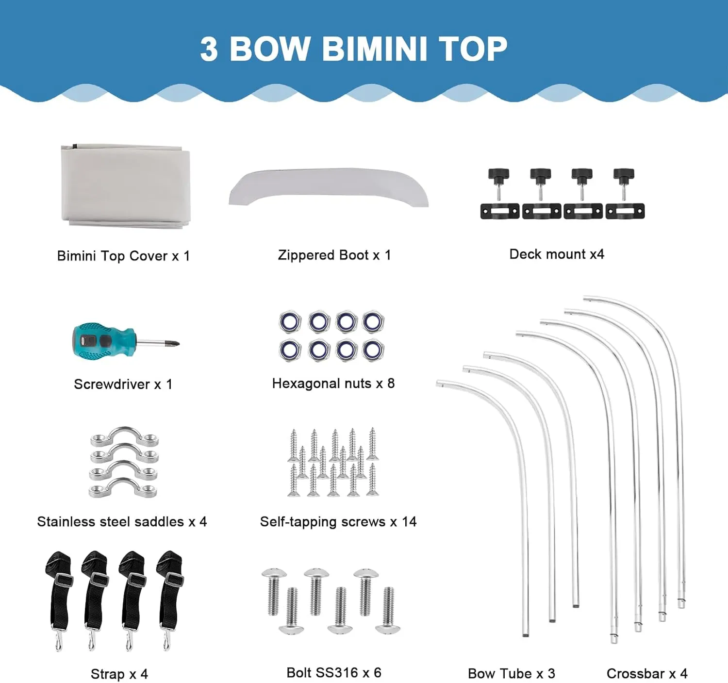 3 Bow Bimini Top Cover for Boat, 900D Canvas Boat Canopy - 6'L x 46" H x 67"-72" W, Includes 4 Adjustable Nylon Straps 2 Rear Support Bars Mounting Hardware Storage Cover 1" Aluminum Frame - Gray