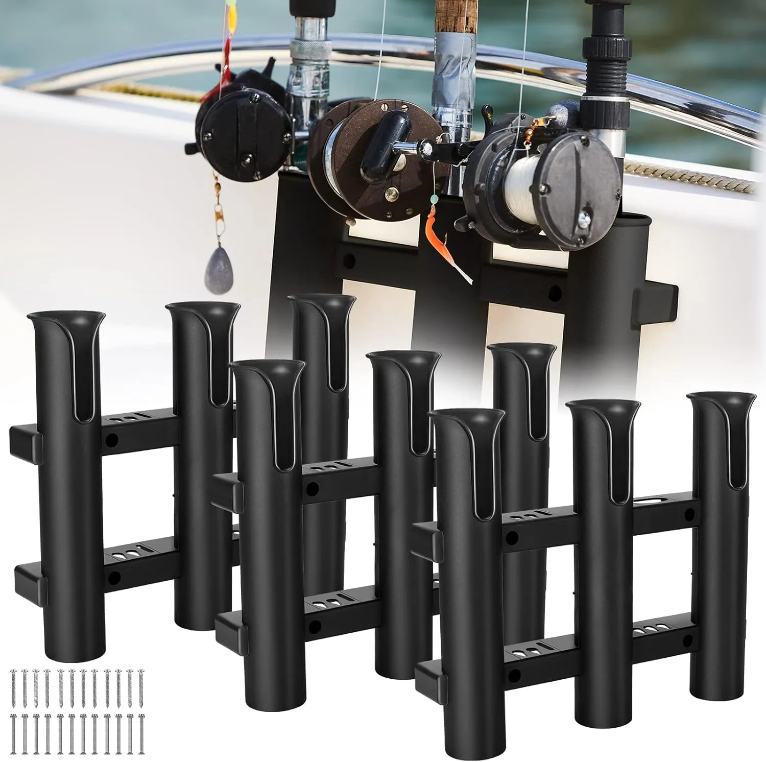3 Pcs Fishing Rod Holder Bracket Tube 3 Rod Rack Wall Mounted 10.63 Inch Fishing Pole Holders for Boats with Screws Nuts Side Mount for Boat Truck Kayak Garage (Black)
