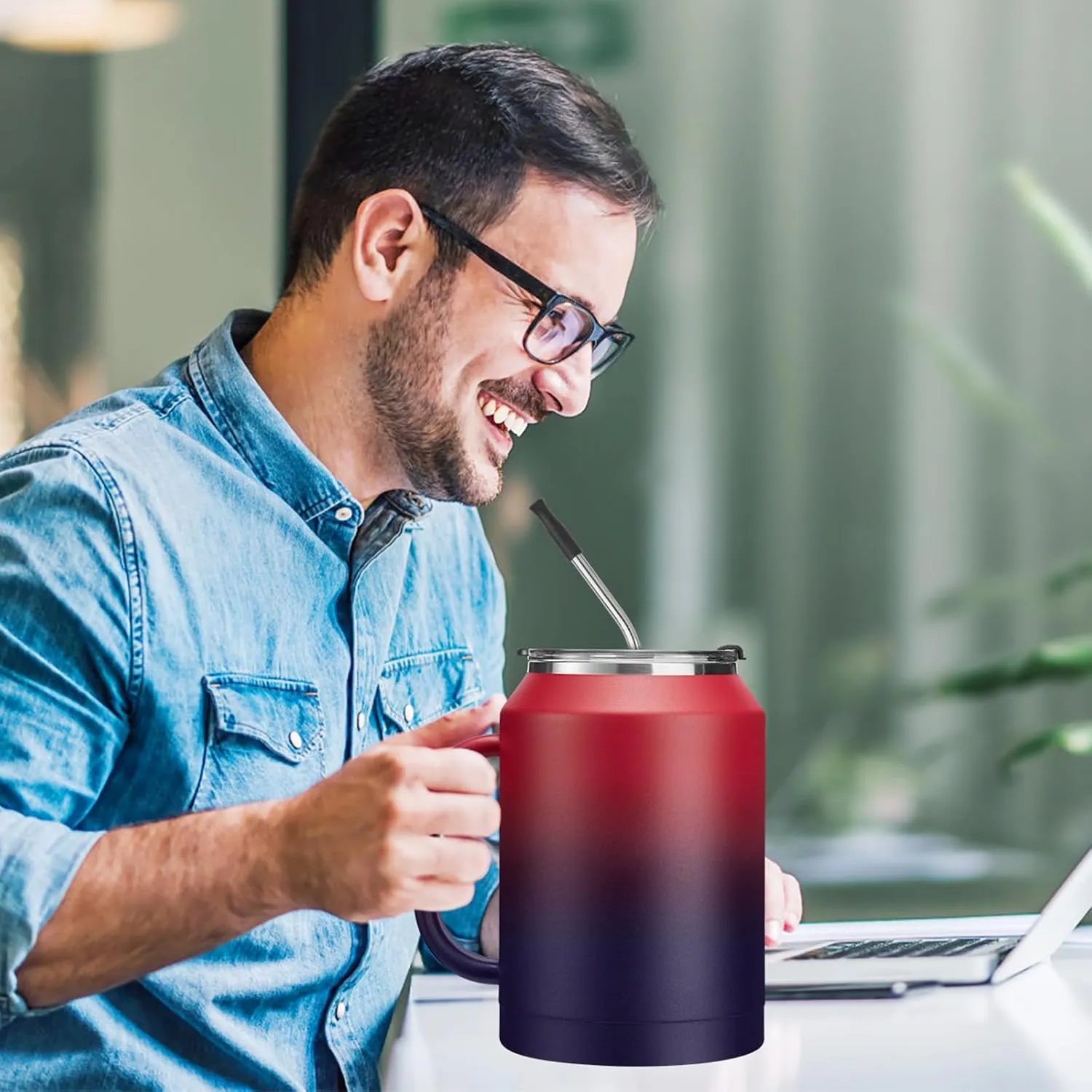 50oz Tumbler w/Lid and Straw - Gulp, Protective Cup Mat, 50 oz Stainless Steel Coffee Mug for Travel Work, Double Wall Insulated Tumblers Metal Cups, Leak Proof Large Flask Jug Water Bottle