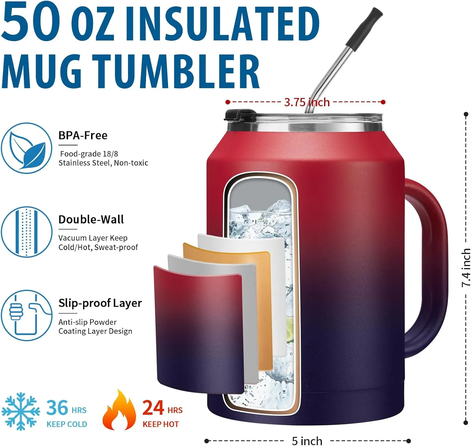 50oz Tumbler w/Lid and Straw - Gulp, Protective Cup Mat, 50 oz Stainless Steel Coffee Mug for Travel Work, Double Wall Insulated Tumblers Metal Cups, Leak Proof Large Flask Jug Water Bottle