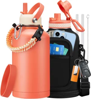 64 oz Water Bottles Insulated - Cold 48H Hot 24H, Half Gallon Water Jug w/ Straw & Spout Lid, Handle Strap Carrier Bag, Leak Proof 2Liter Stainless Steel Thermo Flask for Gym Sports Work Coral Orange