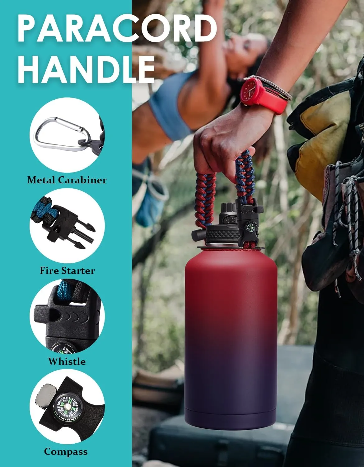 64 oz Water Bottles Insulated - Cold 48H Hot 24H, Half Gallon Water Jug w/ Straw & Spout Lid, Handle Strap Carrier Bag, Leak Proof 2Liter Stainless Steel Thermo Flask for Gym Sports Work Coral Orange