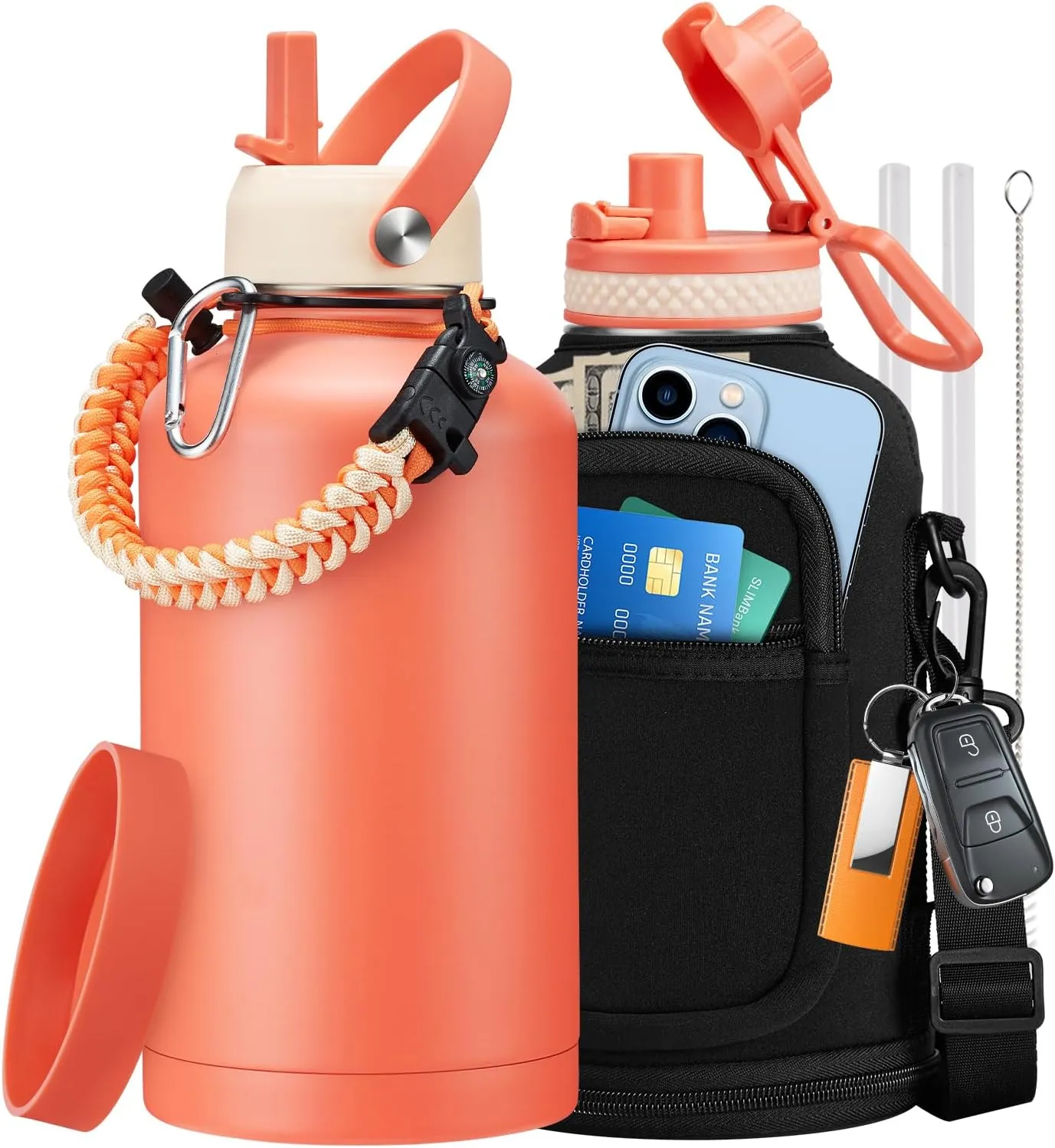64 oz Water Bottles Insulated - Cold 48H Hot 24H, Half Gallon Water Jug w/ Straw & Spout Lid, Handle Strap Carrier Bag, Leak Proof 2Liter Stainless Steel Thermo Flask for Gym Sports Work Coral Orange