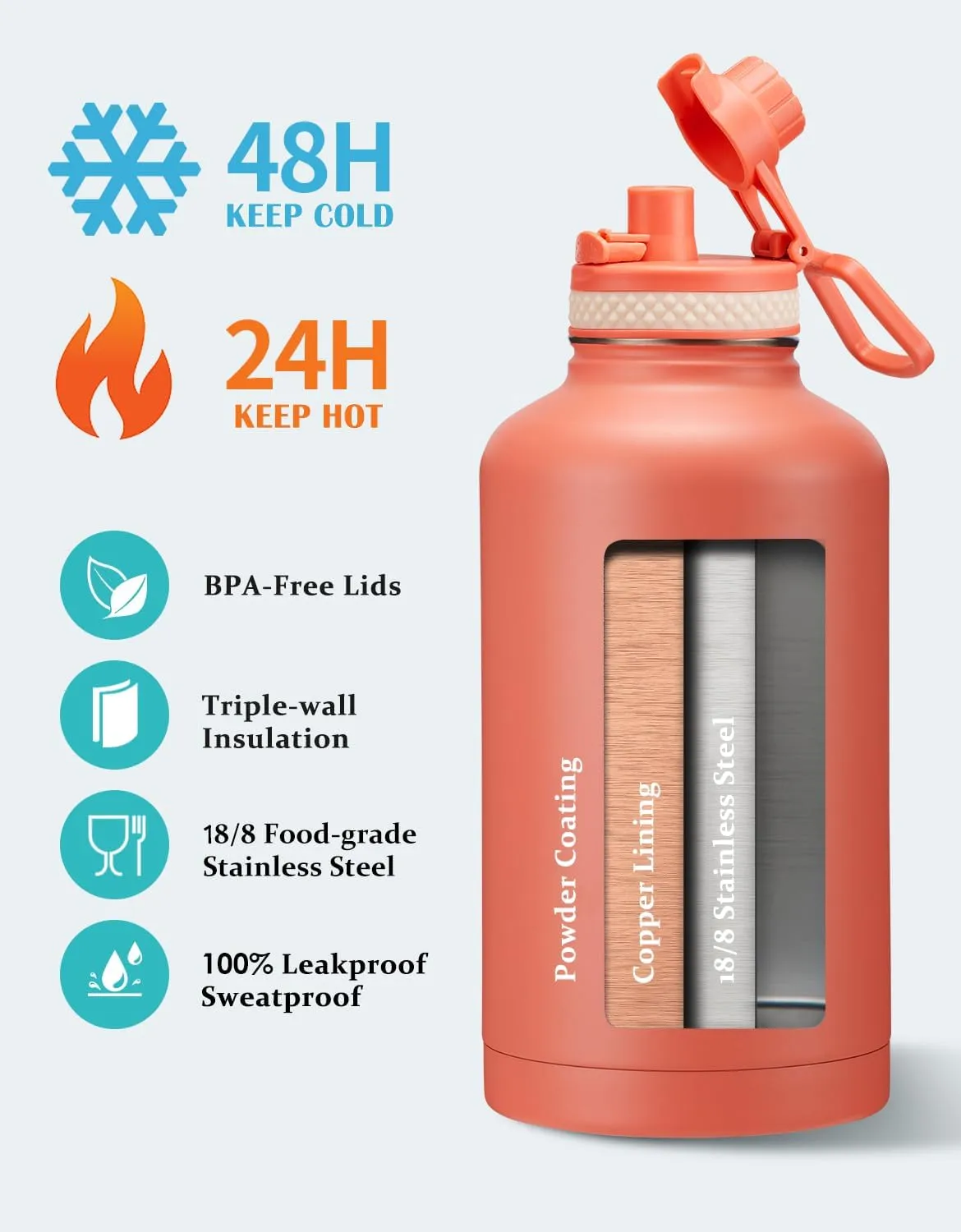 64 oz Water Bottles Insulated - Cold 48H Hot 24H, Half Gallon Water Jug w/ Straw & Spout Lid, Handle Strap Carrier Bag, Leak Proof 2Liter Stainless Steel Thermo Flask for Gym Sports Work Coral Orange
