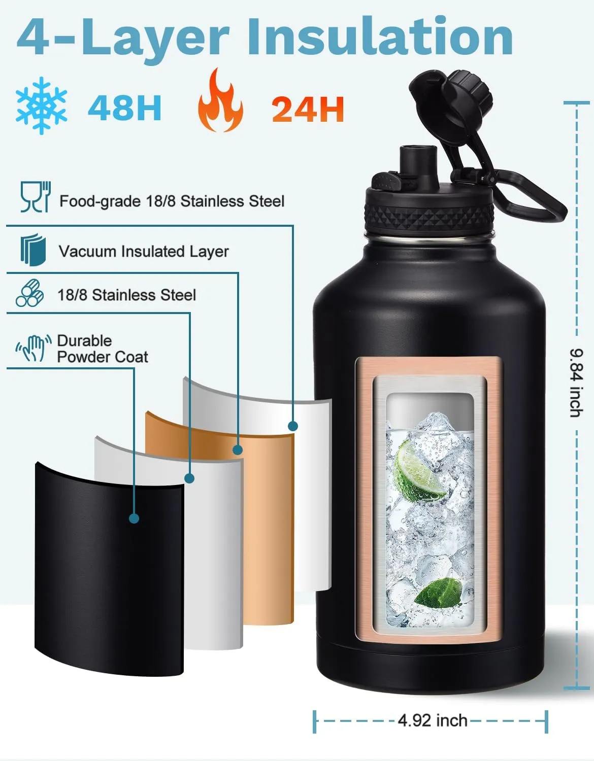 64/128 oz Water Bottles with Straw Auto Spout lid Keep Cold 48h,half gallon Water Jug Insulated with Carrier,Paracord Handle & Boot