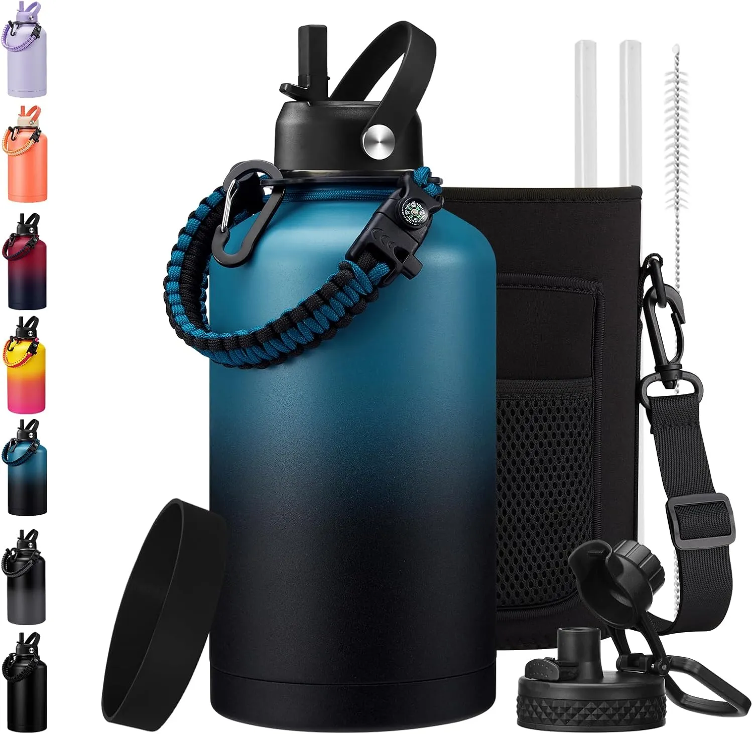 64/128 oz Water Bottles with Straw Auto Spout lid Keep Cold 48h,half gallon Water Jug Insulated with Carrier,Paracord Handle & Boot