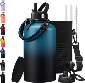 64/128 oz Water Bottles with Straw Auto Spout lid Keep Cold 48h,half gallon Water Jug Insulated with Carrier,Paracord Handle & Boot