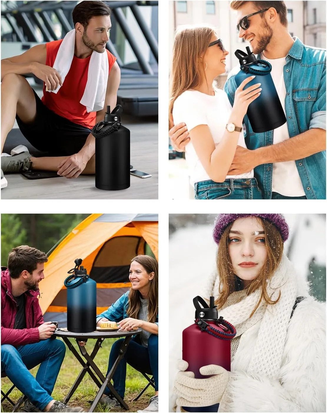 64/128 oz Water Bottles with Straw Auto Spout lid Keep Cold 48h,half gallon Water Jug Insulated with Carrier,Paracord Handle & Boot