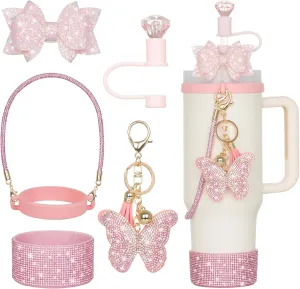 6Pcs Pink Stanley Cup Accessories with Bling Handle Strap, Diamond Straw Topper Straw Cover Cap, Bling Bow, Diamond Boot, Bling Butterfly Charms for Water Bottle Tumbler 20oz 30oz 40oz