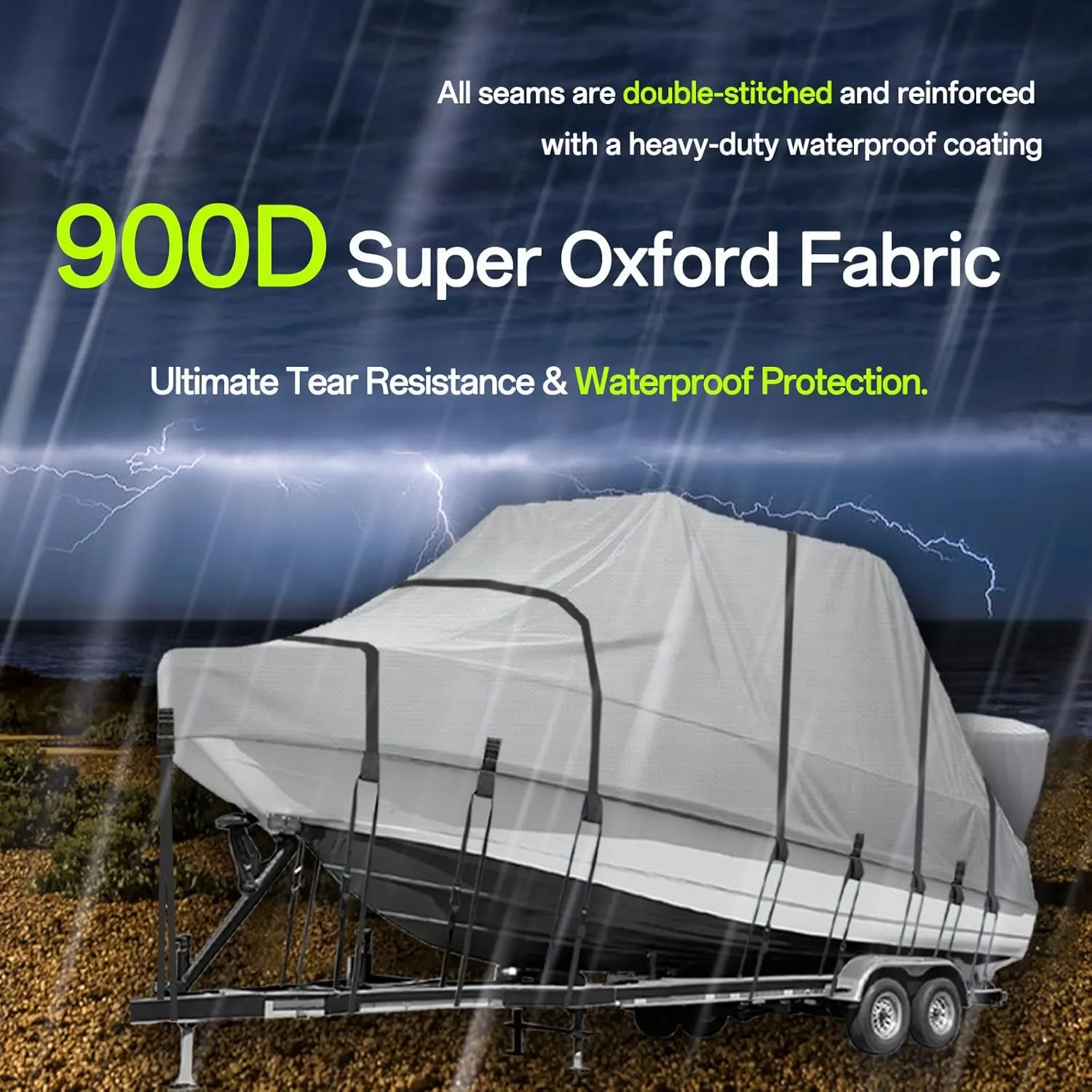 900D Marine Grade Solution-Dyed Polyester T Top/Hard Top Boat Cover, 23-25ft Heavy Duty Waterproof UV-Proof Windproof Mooring Central Console Boat Cover with 22 Windproof Straps & Storage Bag
