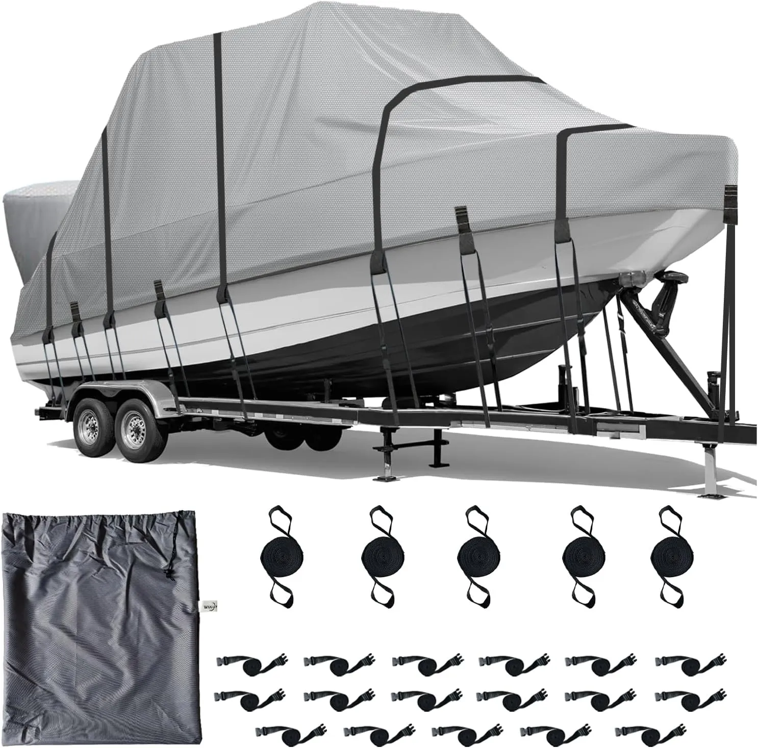 900D Marine Grade Solution-Dyed Polyester T Top/Hard Top Boat Cover, 23-25ft Heavy Duty Waterproof UV-Proof Windproof Mooring Central Console Boat Cover with 22 Windproof Straps & Storage Bag