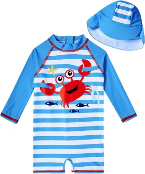 ADUKIDE Baby Boys Swimsuit Summer Beach Rash Guard Swimwear One Piece Sunsuit with Sun Hat 3-24 Months