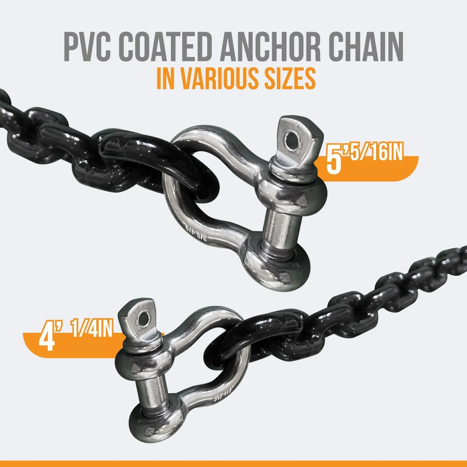 Anchor-Man PVC Coated Boat Anchor Chain with Advanced Stainless Steel Shackles - Perfect Anchor Chains for Boats, Kayaks, and Jet Skis - 2 Sizes (4ft 1/4in, 5ft 5/16in) - Black Coated Anchor Chain