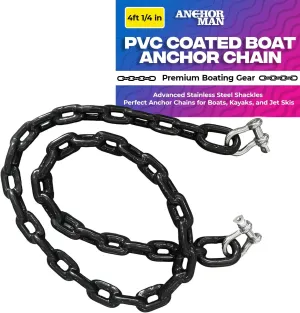 Anchor-Man PVC Coated Boat Anchor Chain with Advanced Stainless Steel Shackles - Perfect Anchor Chains for Boats, Kayaks, and Jet Skis - 2 Sizes (4ft 1/4in, 5ft 5/16in) - Black Coated Anchor Chain