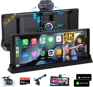 Apple Carplay w 4K Dash Cam 350° Rotatable Camera Unique Bracket 10.26" Car Tablet Wireless Carplay Screen for Car & Android Auto Screen, GPS Navigation Bluetooth Music Vioce Control Mirror Link