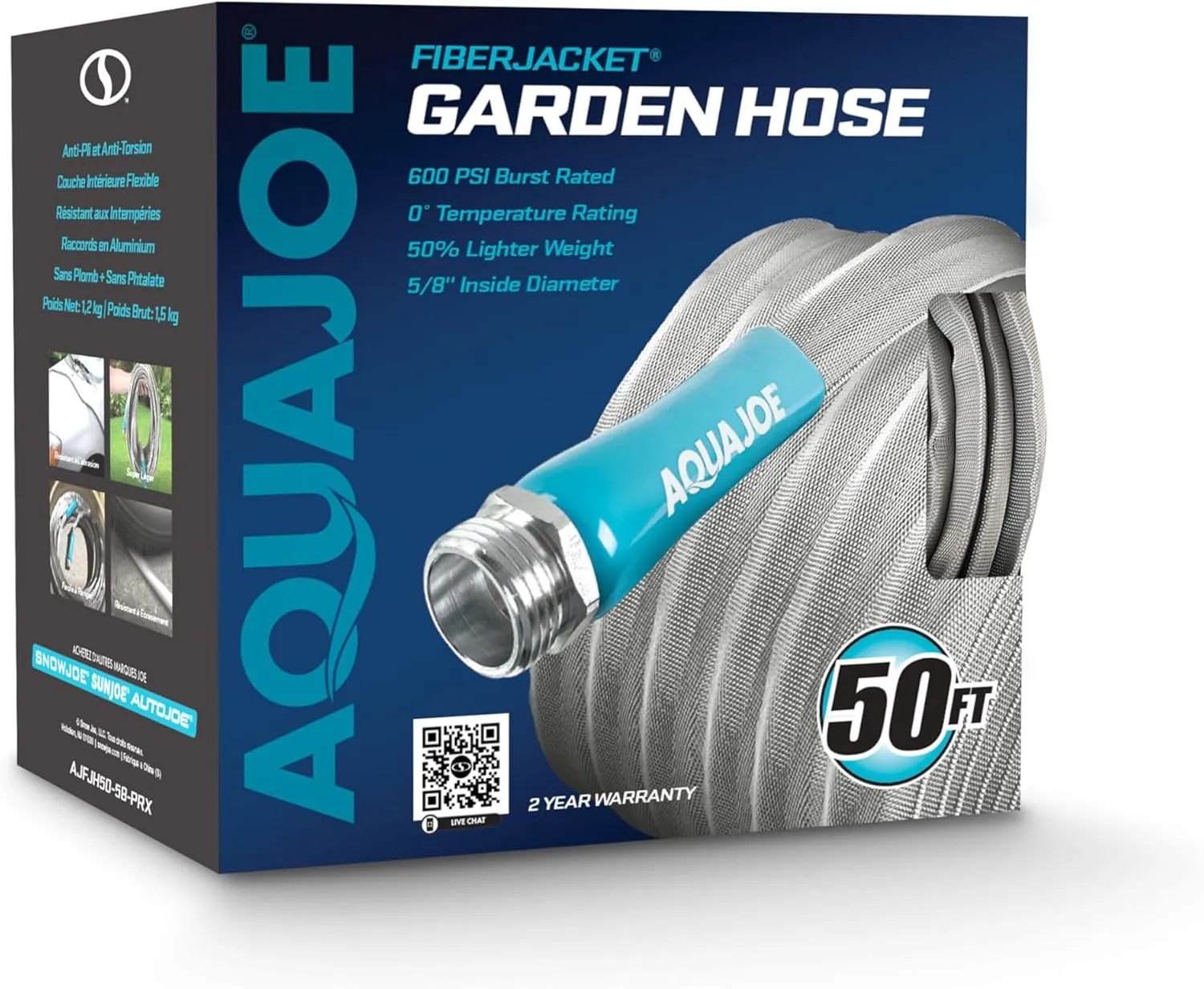 Aqua Joe AJFJH50-PRX Xtreme Fiberjacket Garden Hose, 1/2-Inch x 50-Foot, Metal Fittings for Gardening, RVs, Marine, Campers, Gray