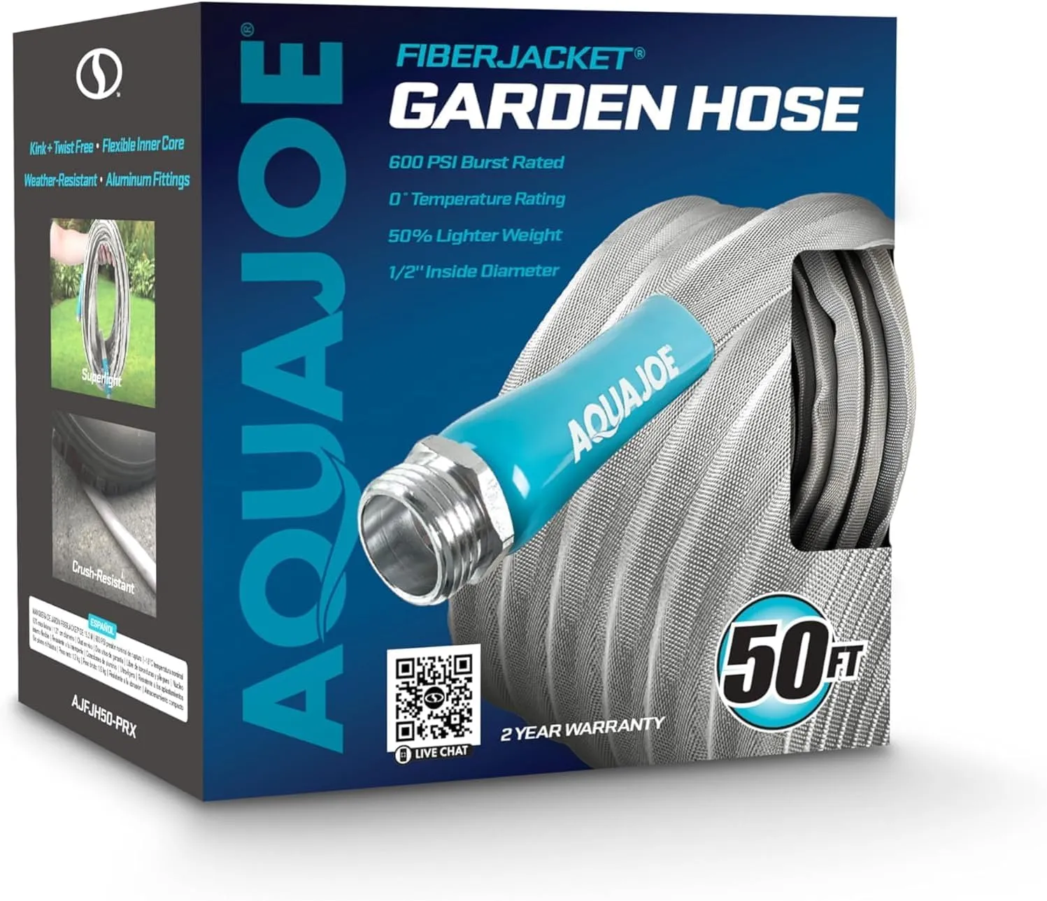 Aqua Joe AJFJH50-PRX Xtreme Fiberjacket Garden Hose, 1/2-Inch x 50-Foot, Metal Fittings for Gardening, RVs, Marine, Campers, Gray