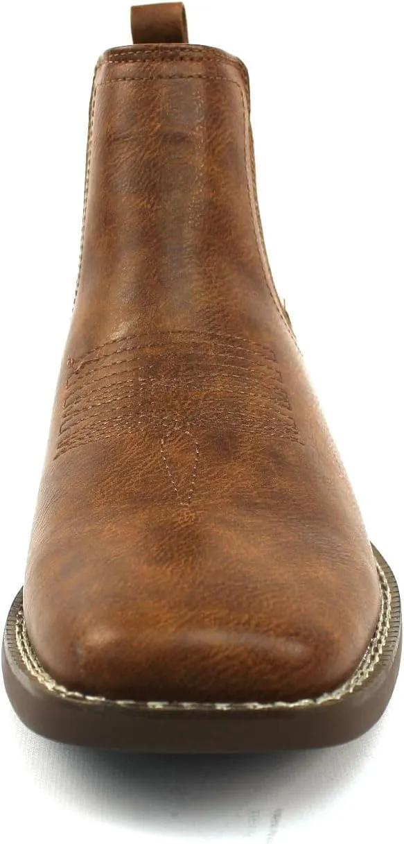 AZAR MAN Mens Western Chelsea Cowboy Ankle Boots Square Toe Pull On Leather Block Heel
