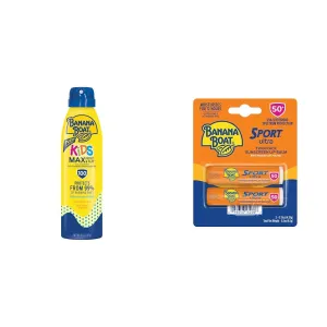 Banana Boat Kids Max Protect & Play Clear Spray Sunscreen SPF 100 6oz   Sport Ultra Lip Balm SPF 50 Twin Pack