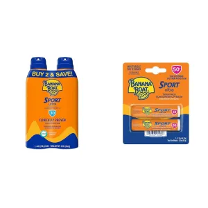 Banana Boat Sport Ultra SPF 30 Sunscreen Spray | SPF 30, Spray On Sunscreen, Water Resistant Sunscreen & Sport Ultra SPF 50 Lip Sunscreen 2 Pack | SPF Lip Balm Pack, SPF 50,Oxybenzone Free Sunscreen