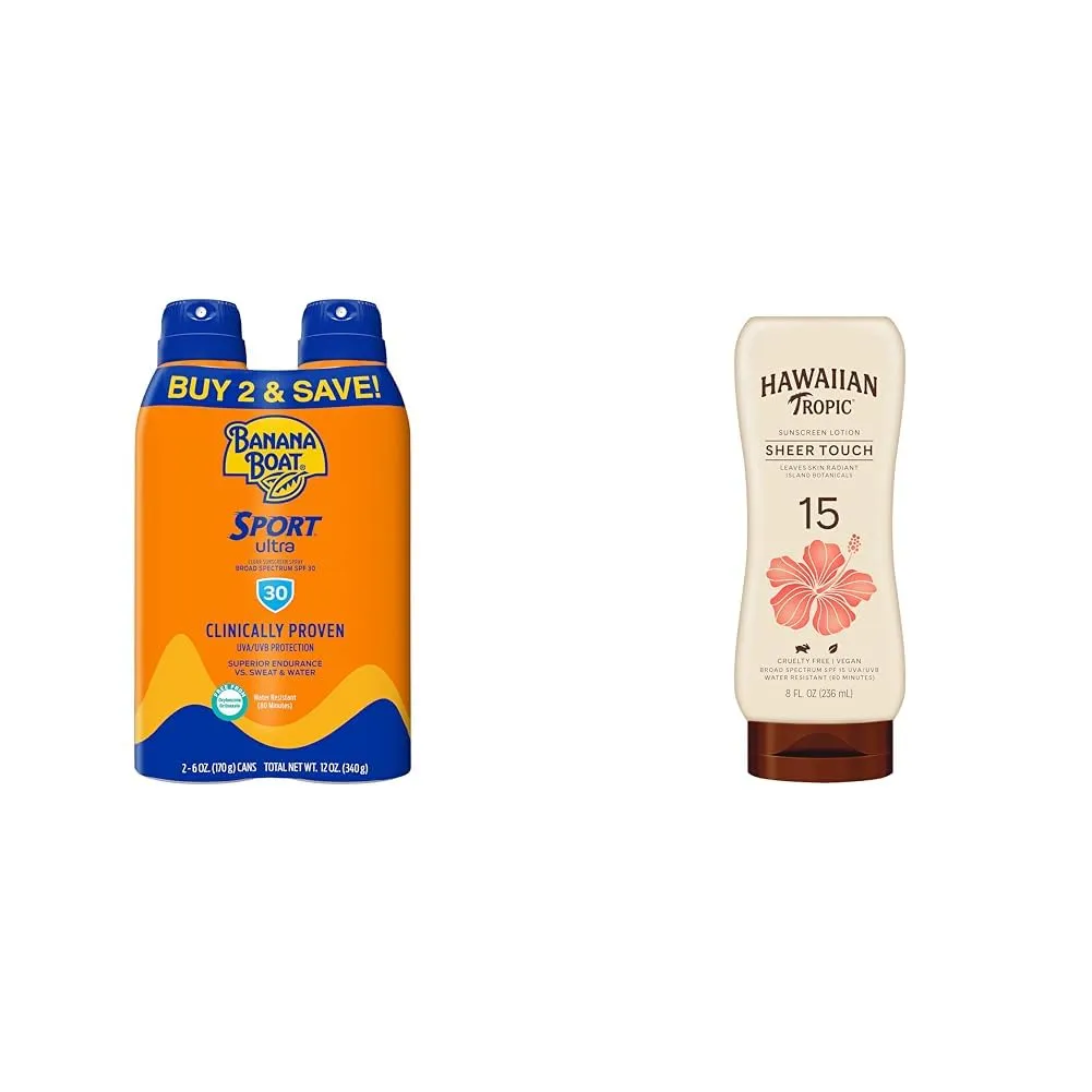 Banana Boat Sport Ultra SPF 30 Sunscreen Spray Twin Pack and Hawaiian Tropic Sheer Touch Ultra Radiance Lotion Sunscreen SPF 15, 8oz