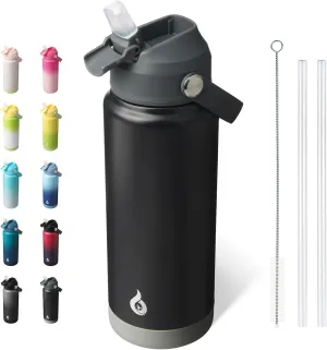 BJPKPK Water Bottle with Straw Lid, 24oz Vacuum Insulated Water Bottles, Metal Stainless Steel Thermos for Sports, Travel, BPA Free Leak Proof Thermos, Cups, Flasks, Tumblers,Black