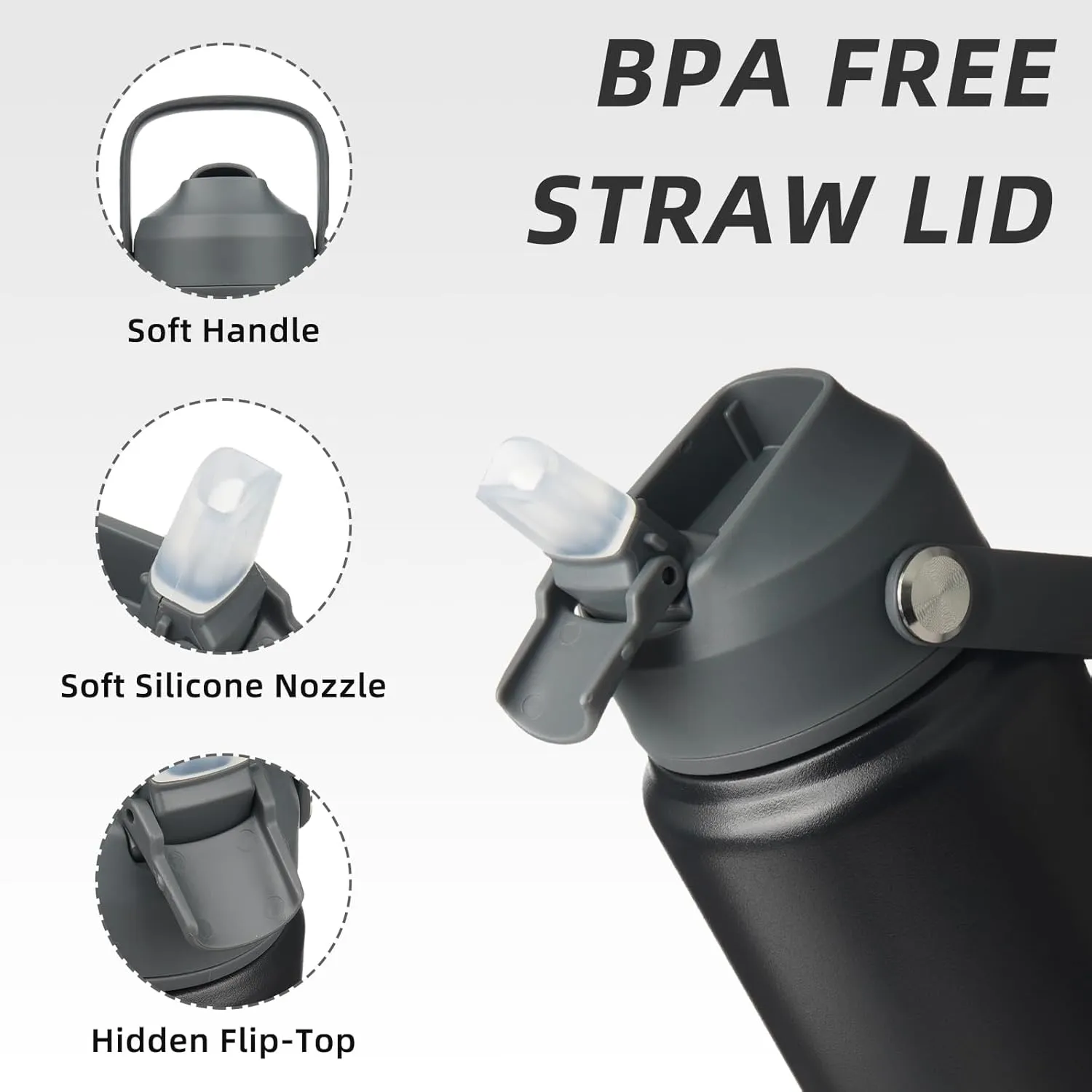 BJPKPK Water Bottle with Straw Lid, 24oz Vacuum Insulated Water Bottles, Metal Stainless Steel Thermos for Sports, Travel, BPA Free Leak Proof Thermos, Cups, Flasks, Tumblers,Black