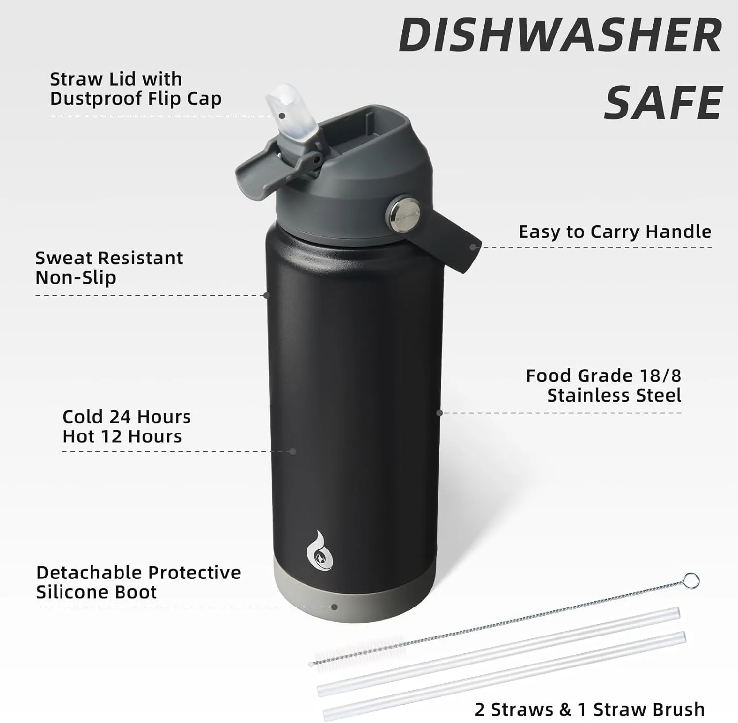 BJPKPK Water Bottle with Straw Lid, 24oz Vacuum Insulated Water Bottles, Metal Stainless Steel Thermos for Sports, Travel, BPA Free Leak Proof Thermos, Cups, Flasks, Tumblers,Black