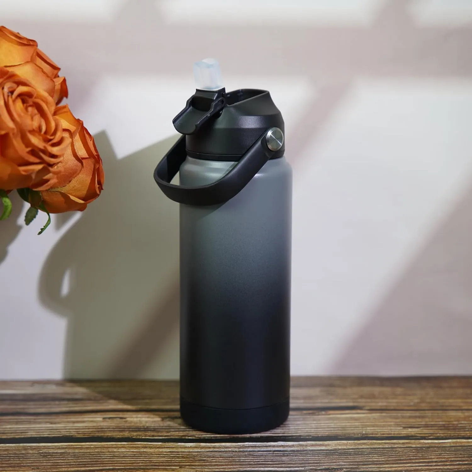 BJPKPK Water Bottle with Straw Lid, 24oz Vacuum Insulated Water Bottles, Metal Stainless Steel Thermos for Sports, Travel, BPA Free Leak Proof Thermos, Cups, Flasks, Tumblers,Black