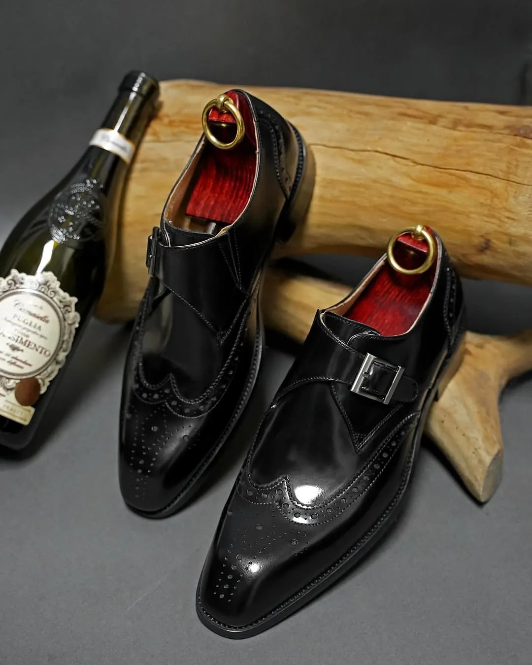 Black Leather Single Monk Strap Wingtips Oxford Formal  Full-Grain Leather Shoes  For Men