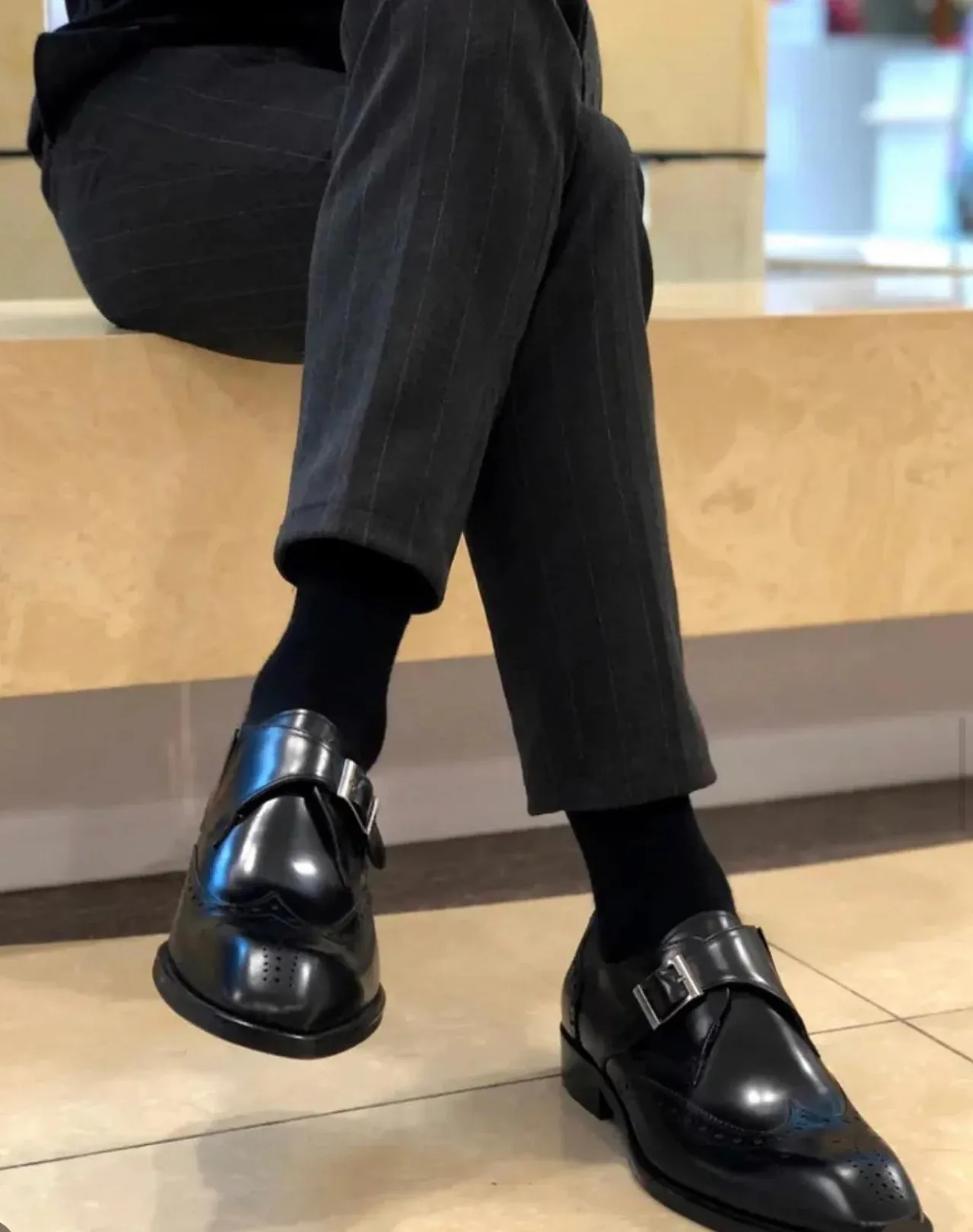 Black Leather Single Monk Strap Wingtips Oxford Formal  Full-Grain Leather Shoes  For Men