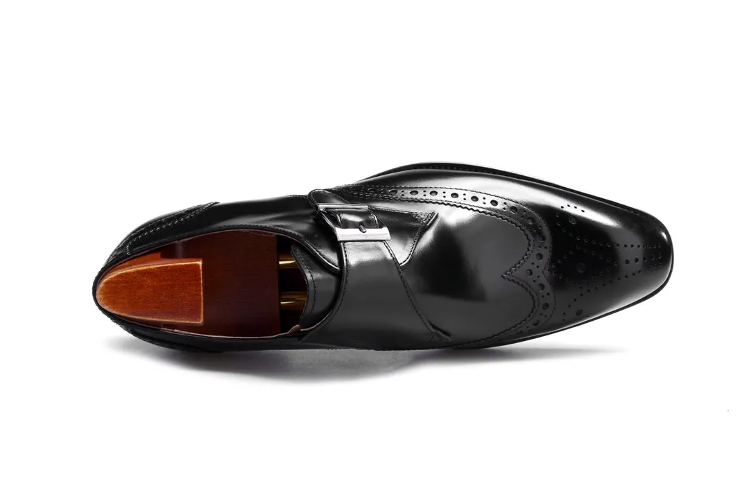 Black Leather Single Monk Strap Wingtips Oxford Formal  Full-Grain Leather Shoes  For Men