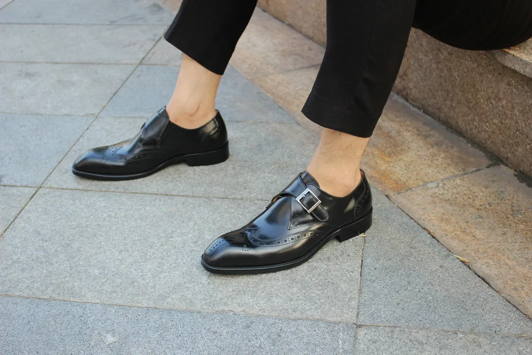 Black Leather Single Monk Strap Wingtips Oxford Formal  Full-Grain Leather Shoes  For Men