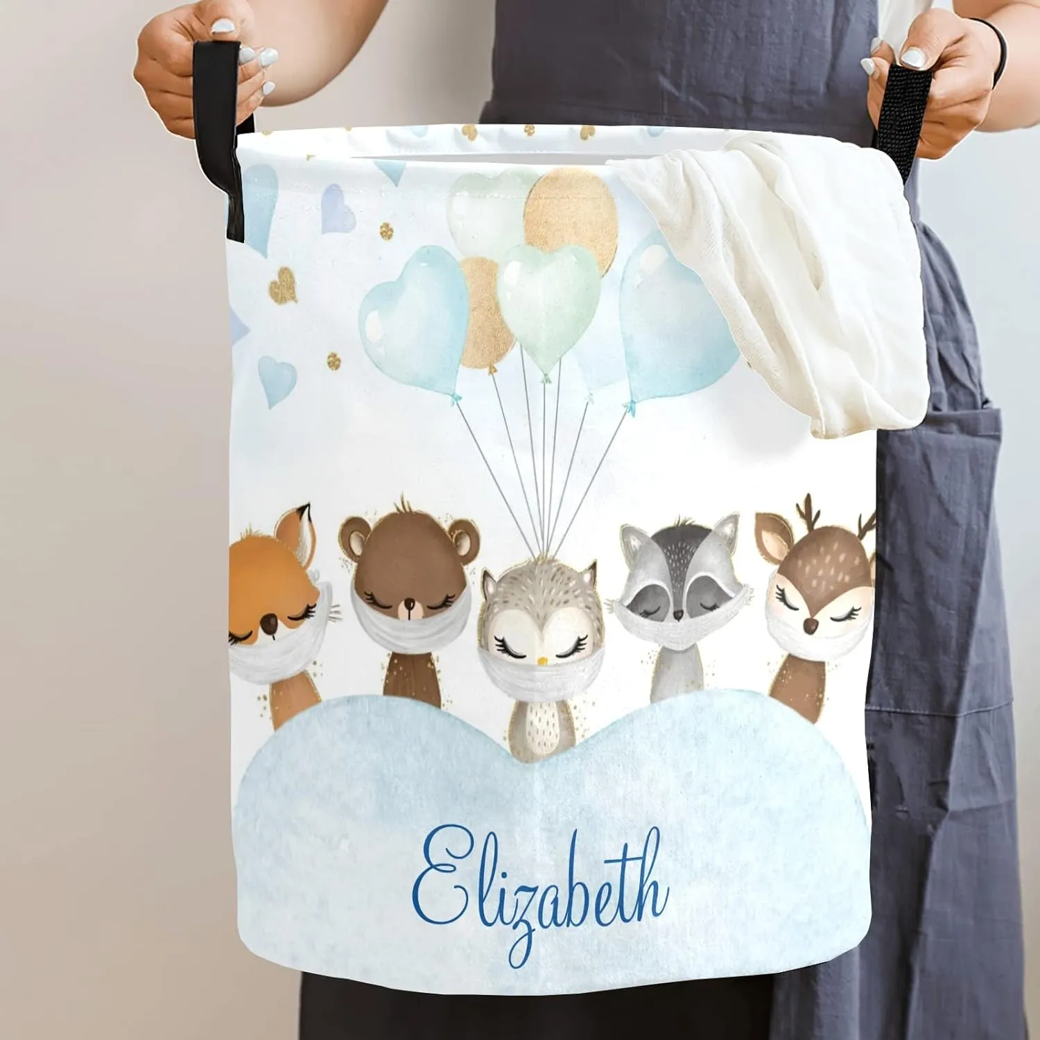 Blue Balloon Woodland Animals Personalized Waterproof Foldable Laundry Basket Bag with Handle, Custom Collapsible Clothes Hamper Storage Bin for Toys Laundry Dorm Travel Bathroom