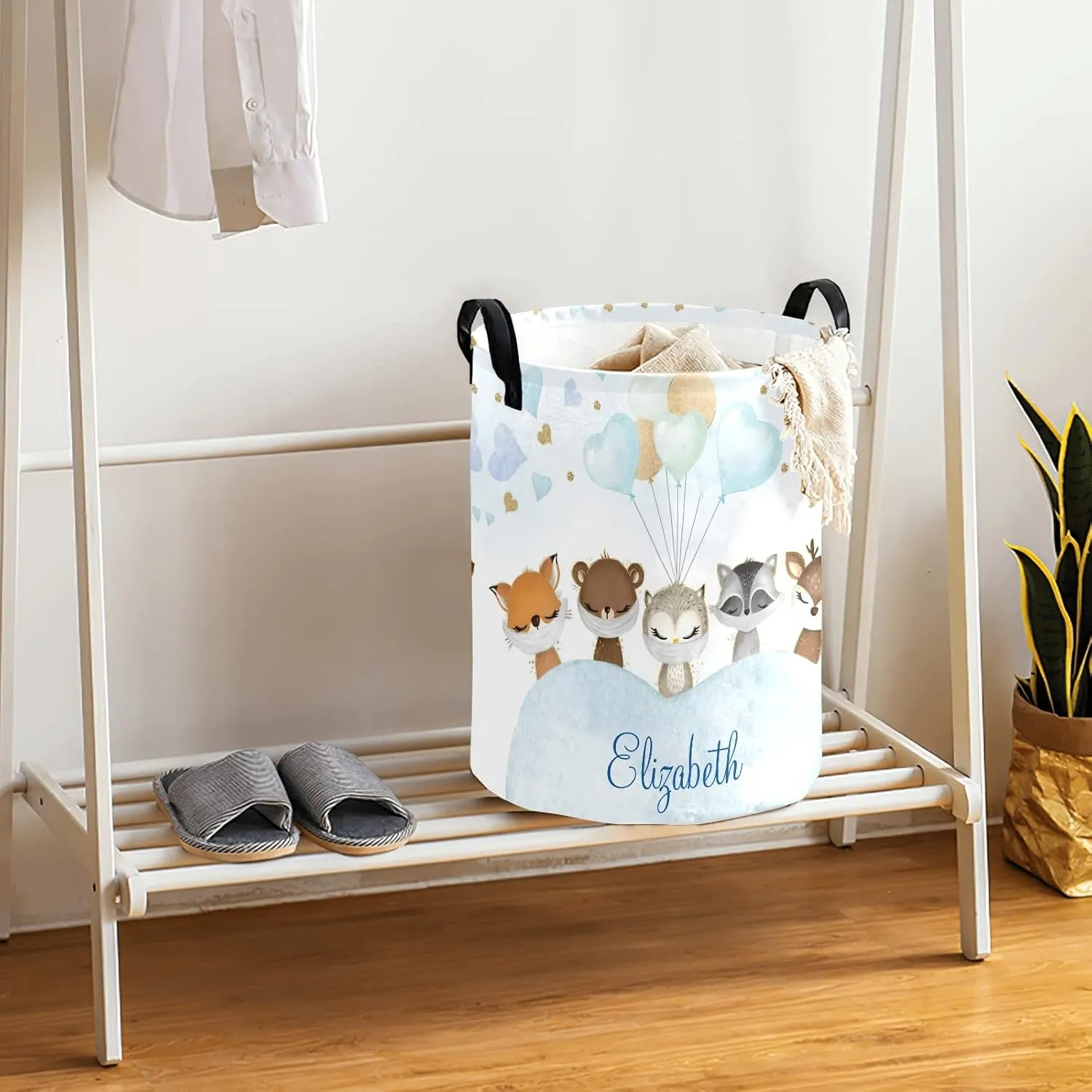 Blue Balloon Woodland Animals Personalized Waterproof Foldable Laundry Basket Bag with Handle, Custom Collapsible Clothes Hamper Storage Bin for Toys Laundry Dorm Travel Bathroom