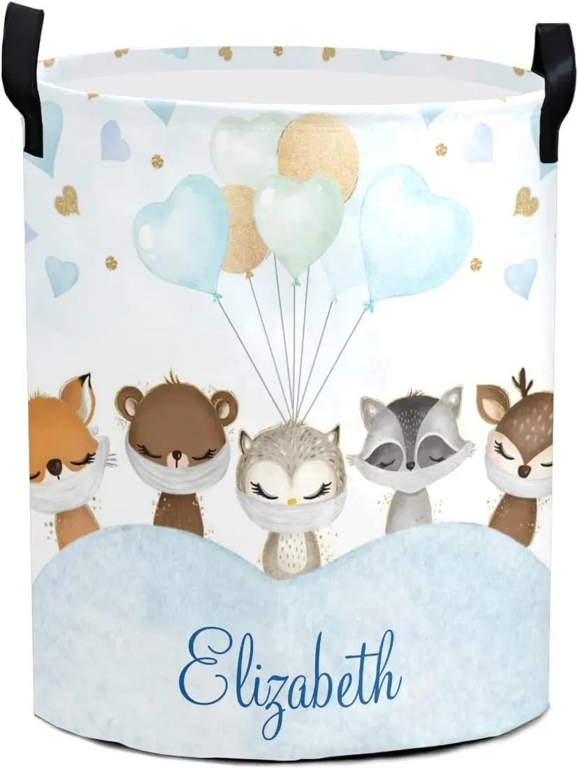 Blue Balloon Woodland Animals Personalized Waterproof Foldable Laundry Basket Bag with Handle, Custom Collapsible Clothes Hamper Storage Bin for Toys Laundry Dorm Travel Bathroom