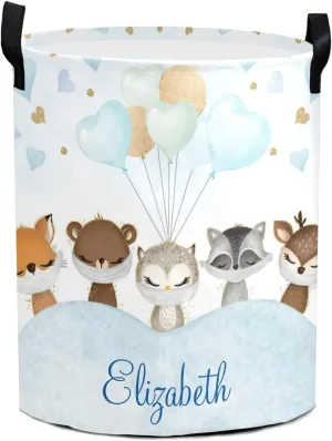 Blue Balloon Woodland Animals Personalized Waterproof Foldable Laundry Basket Bag with Handle, Custom Collapsible Clothes Hamper Storage Bin for Toys Laundry Dorm Travel Bathroom