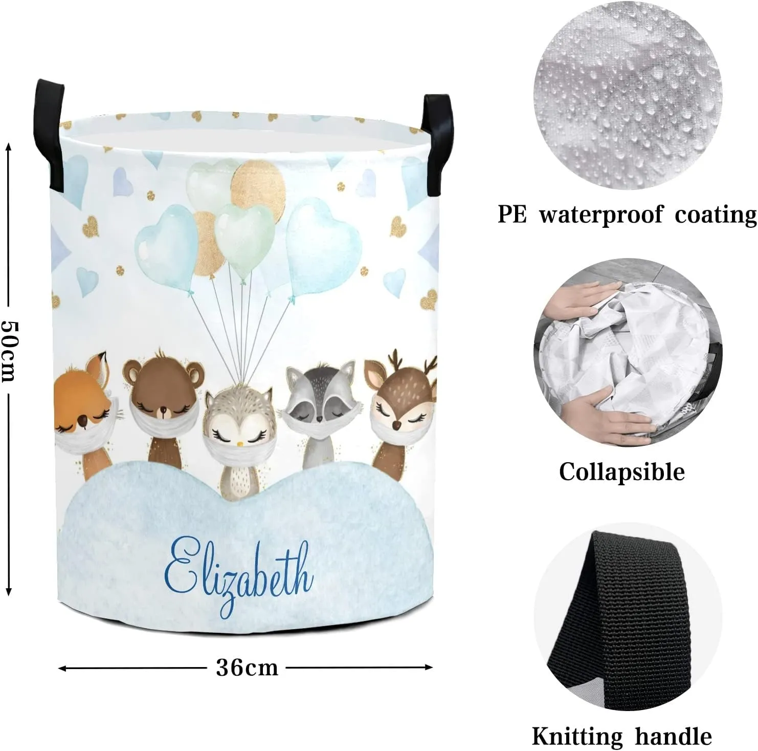 Blue Balloon Woodland Animals Personalized Waterproof Foldable Laundry Basket Bag with Handle, Custom Collapsible Clothes Hamper Storage Bin for Toys Laundry Dorm Travel Bathroom