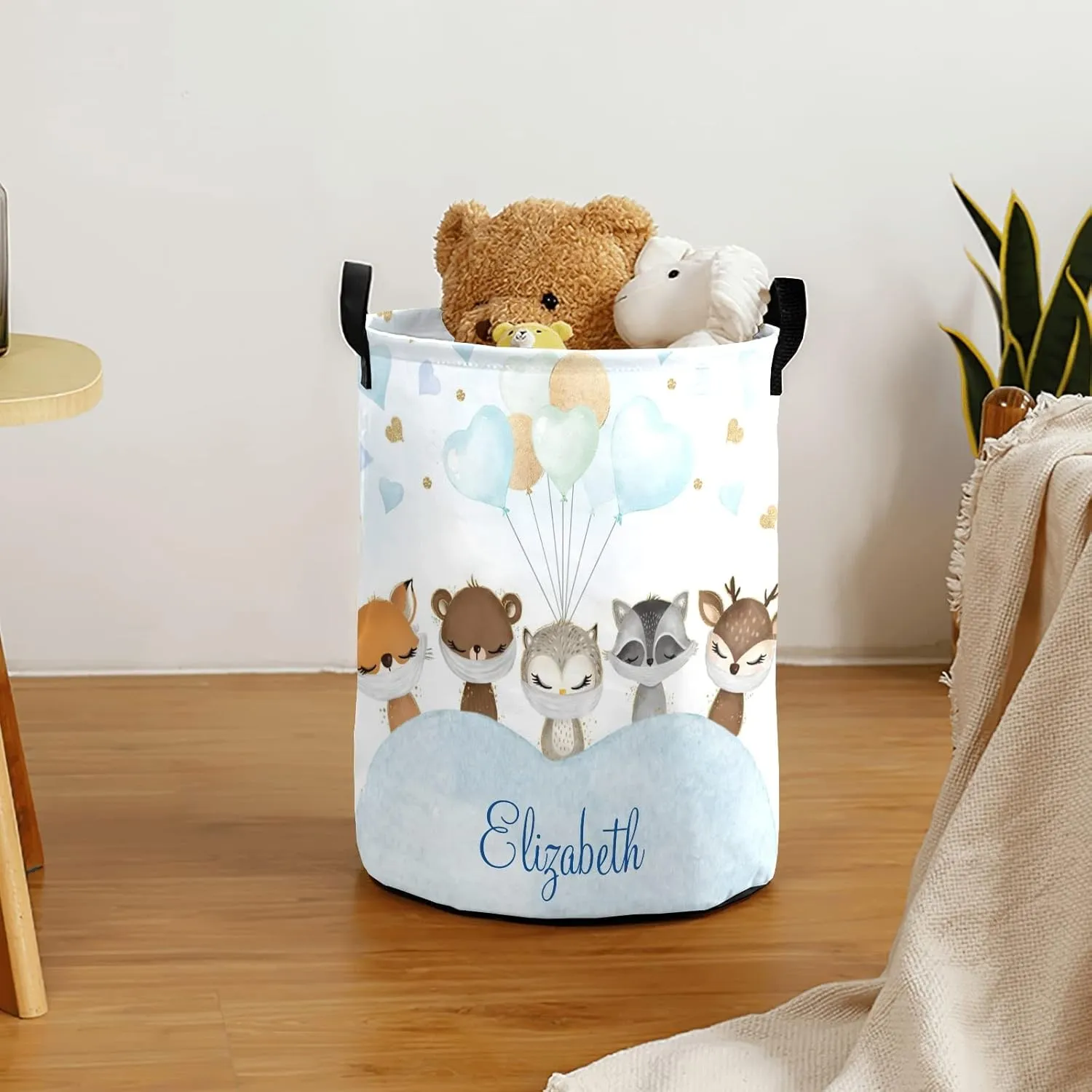Blue Balloon Woodland Animals Personalized Waterproof Foldable Laundry Basket Bag with Handle, Custom Collapsible Clothes Hamper Storage Bin for Toys Laundry Dorm Travel Bathroom
