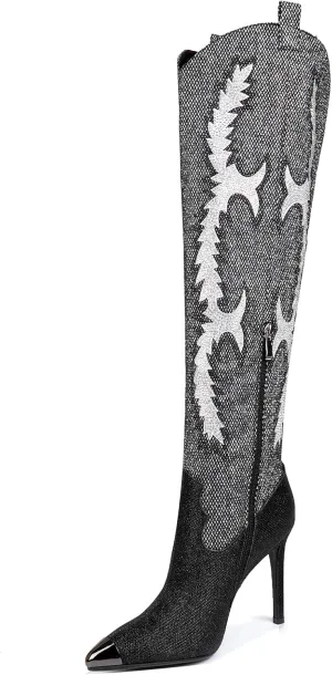 CKSNDLF Women's Western Cowboy Thigh High Boot Rhinestones Cowgirl Boots Glitter Sparkly Boots Over The Knee High Heel Pointed Toe Wedding Party Shoes